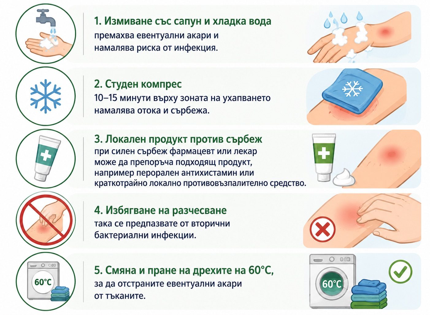 Инфографика с основните стъпки за третиране на кожата след ухапване от кокошинки – измиване, студен компрес, продукт против сърбеж, без разчесване и пране на дрехите на 60°C.
