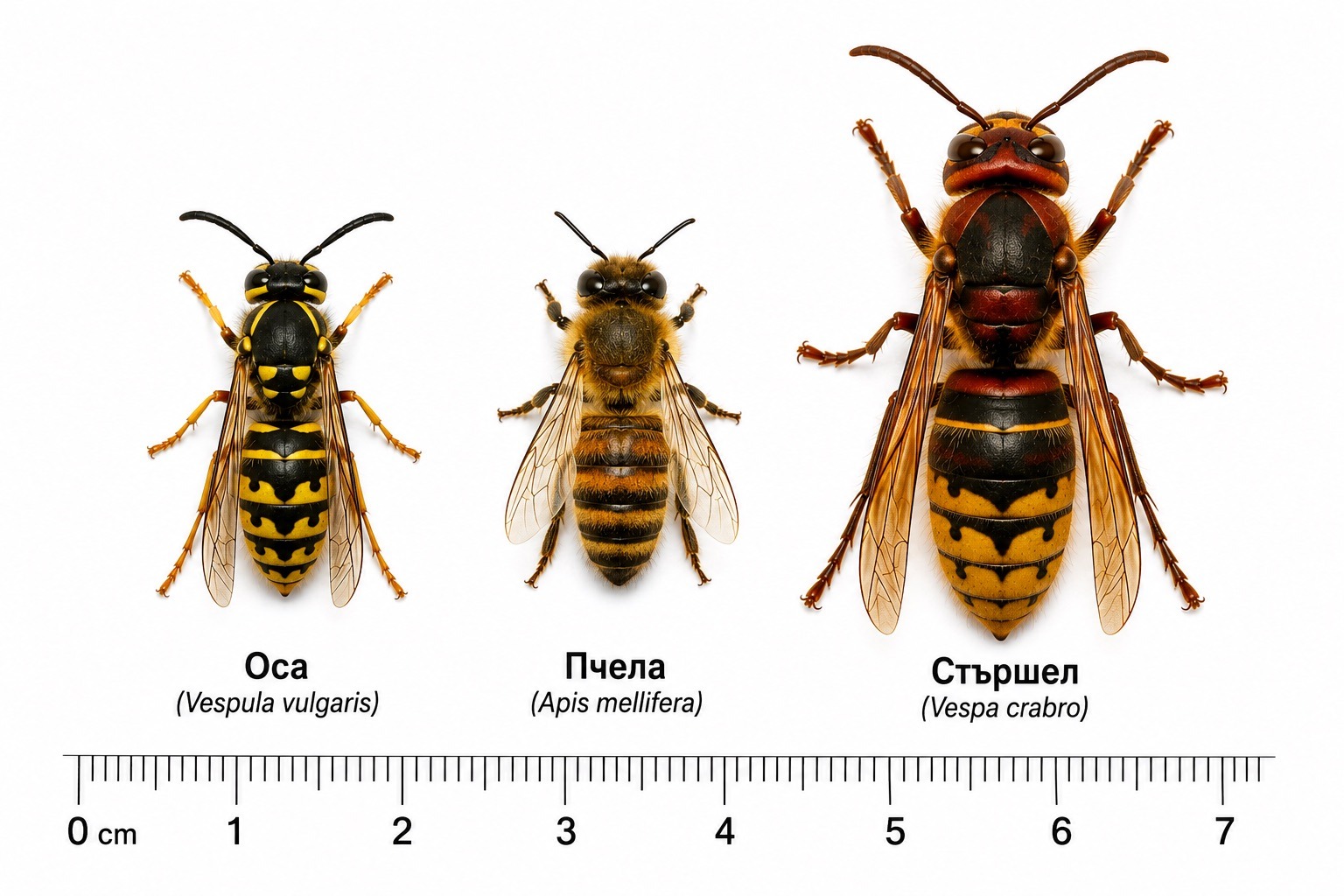 Сравнение на размерите на оса (Vespula vulgaris), пчела (Apis mellifera) и стършел (Vespa crabro) върху линийка до 7 см