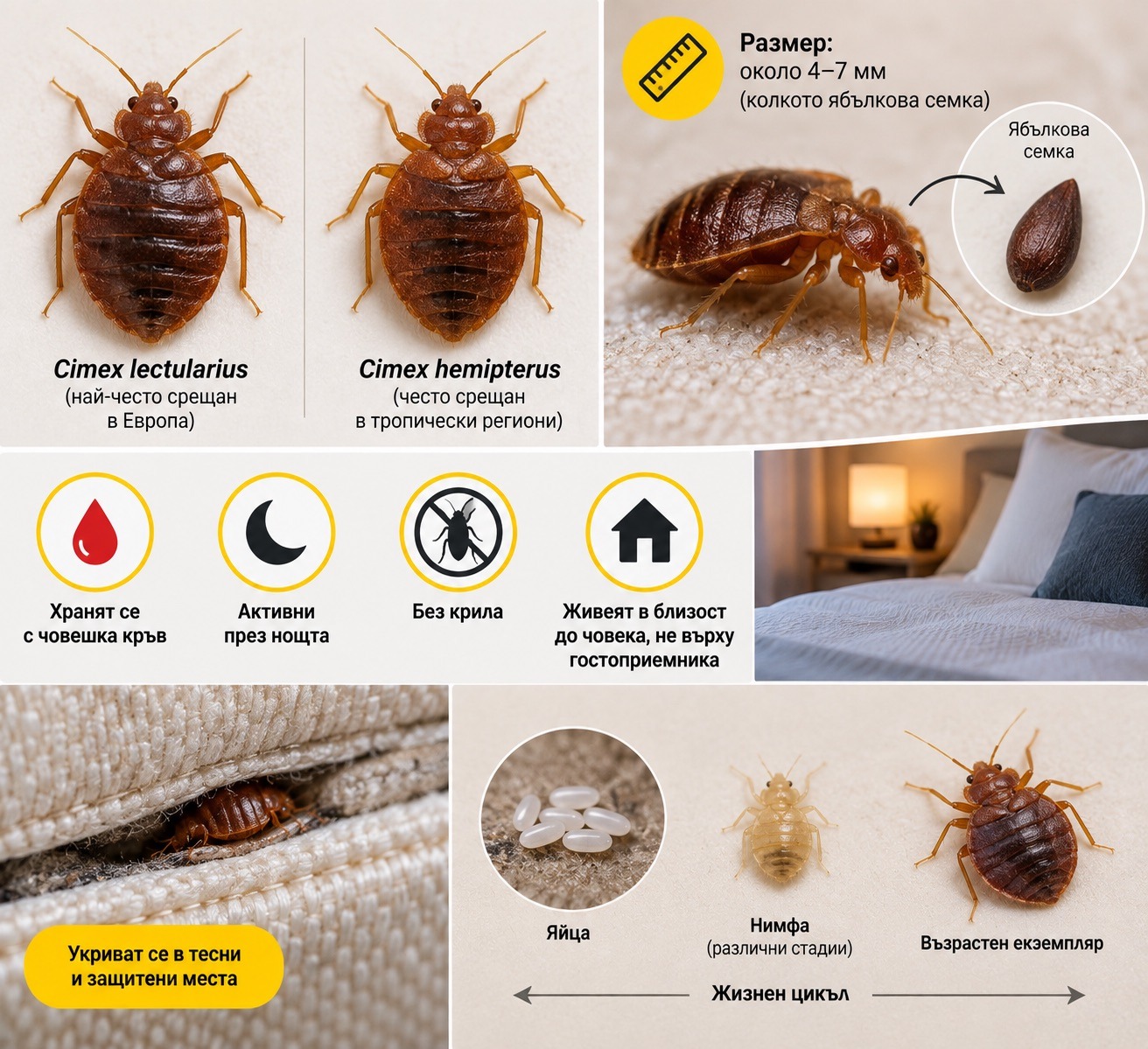 Инфографика за дървеници: видове Cimex lectularius и hemipterus, размер колкото ябълкова семка, навици (хранене с кръв, нощна активност, без крила, живот близо до човека), скривалища в мебели и жизнен цикъл от яйце до възрастен екземпляр