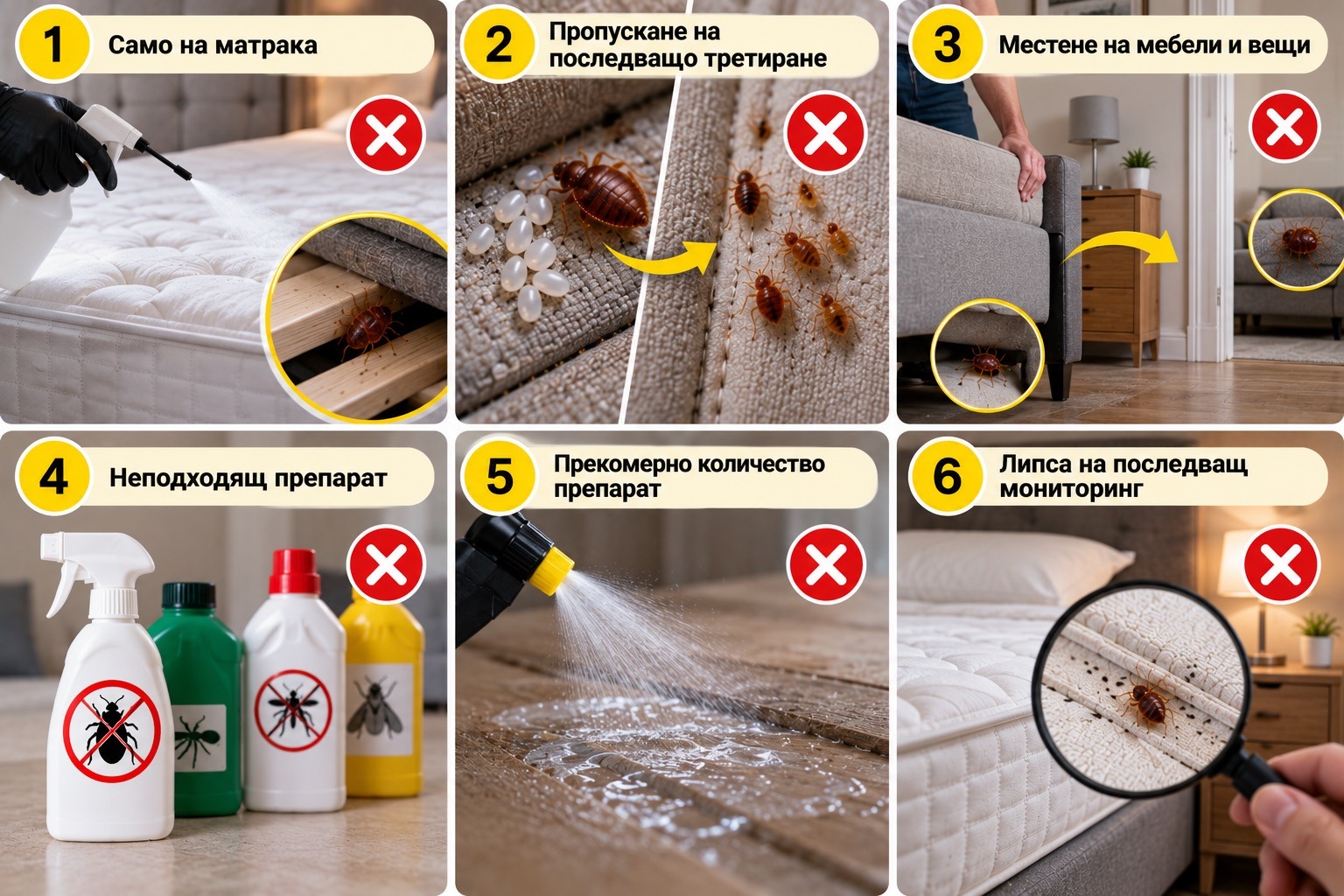 Шест чести грешки при третиране на дървеници: пръскане само на матрака, пропускане на последващо третиране, местене на заразени мебели, използване на неподходящ препарат, прекомерна доза препарат и липса на последващ мониторинг