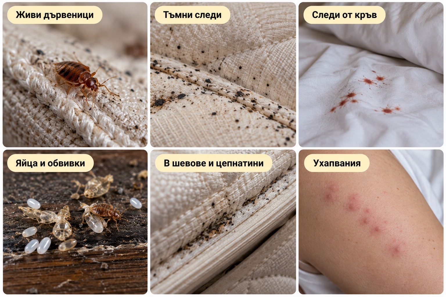 Шест признака за дървеници: живо насекомо на матрак, тъмни точки от изпражнения, кървави петна, яйца и обвивки, следи в шевове на матрак и зачервени ухапвания по кожа