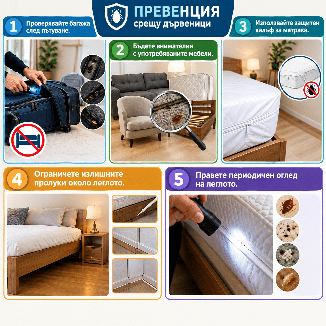 Инфографика с 5 стъпки за превенция срещу дървеници: проверка на багажа, внимание с употребявани мебели, защитен калъф за матрака, ограничаване на пролуки и периодичен оглед на леглото с фенерче